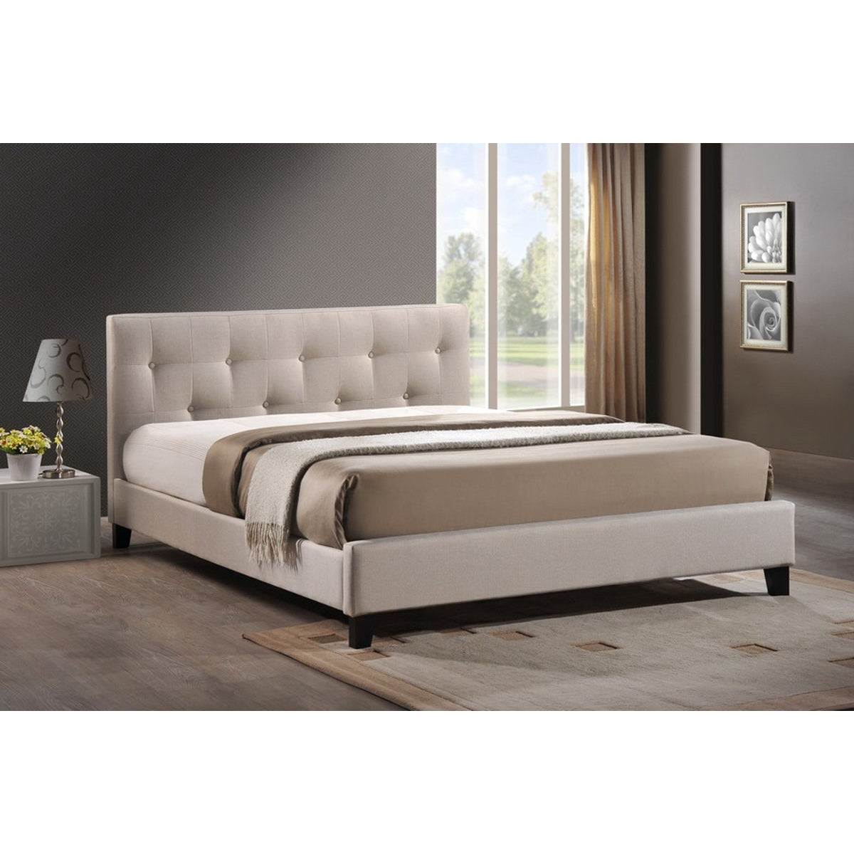 Baxton Studio Annette Light Beige Linen Modern Bed with Upholstered He