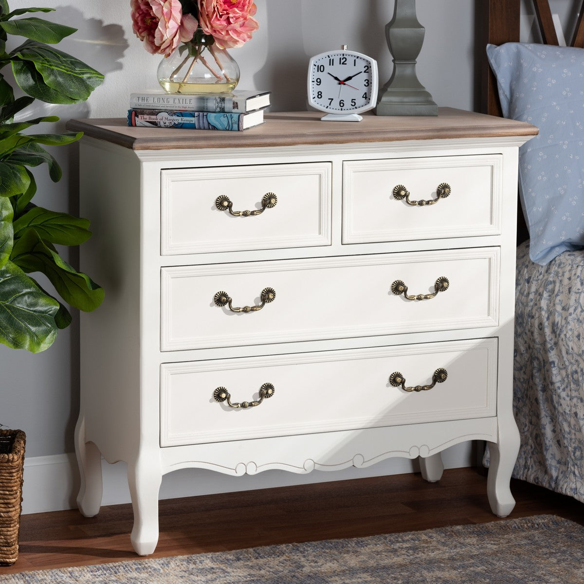 Baxton Studio Amalie Antique French Country Cottage Two-Tone White and Oak Finished 4-Drawer Accent Dresser