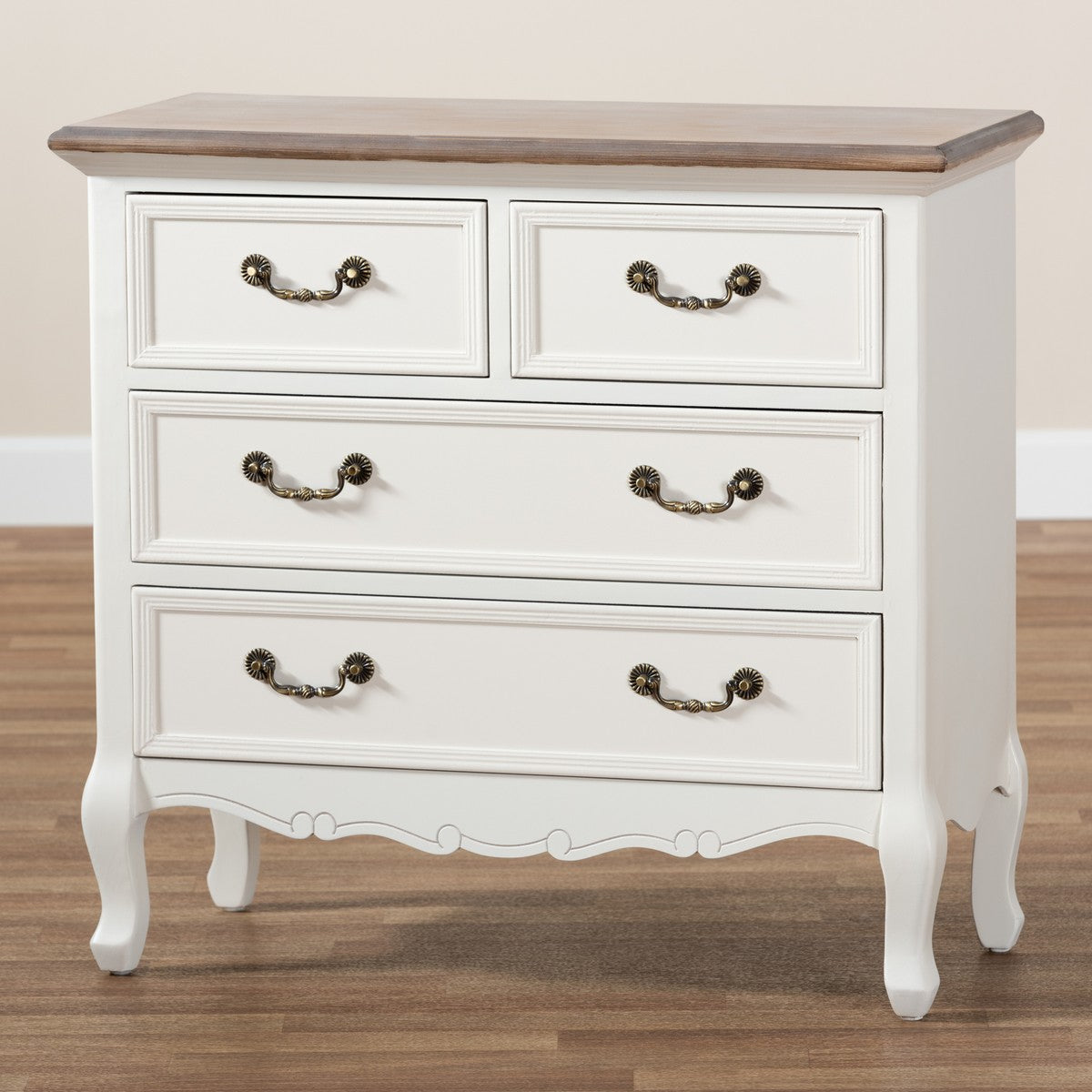 Baxton Studio Amalie Antique French Country Cottage Two-Tone White and Oak Finished 4-Drawer Accent Dresser