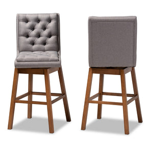 Baxton Studio Gregory Modern Transitional Grey Fabric Upholstered and Walnut Brown Finished Wood 2-Piece Swivel Bar Stool Set Set