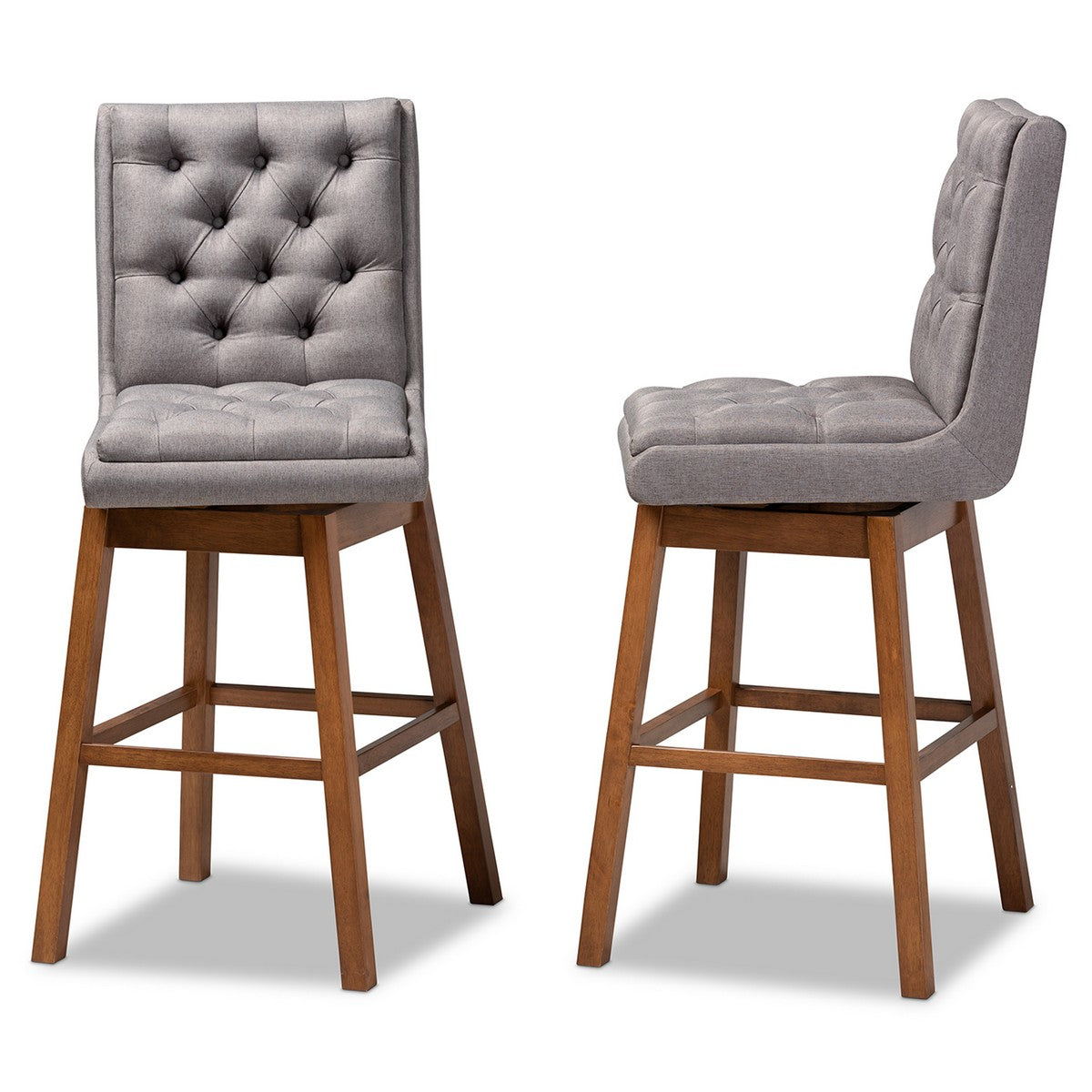 Baxton Studio Gregory Modern Transitional Grey Fabric Upholstered and Walnut Brown Finished Wood 2-Piece Swivel Bar Stool Set Set