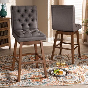 Baxton Studio Gregory Modern Transitional Grey Fabric Upholstered and Walnut Brown Finished Wood 2-Piece Swivel Bar Stool Set Set