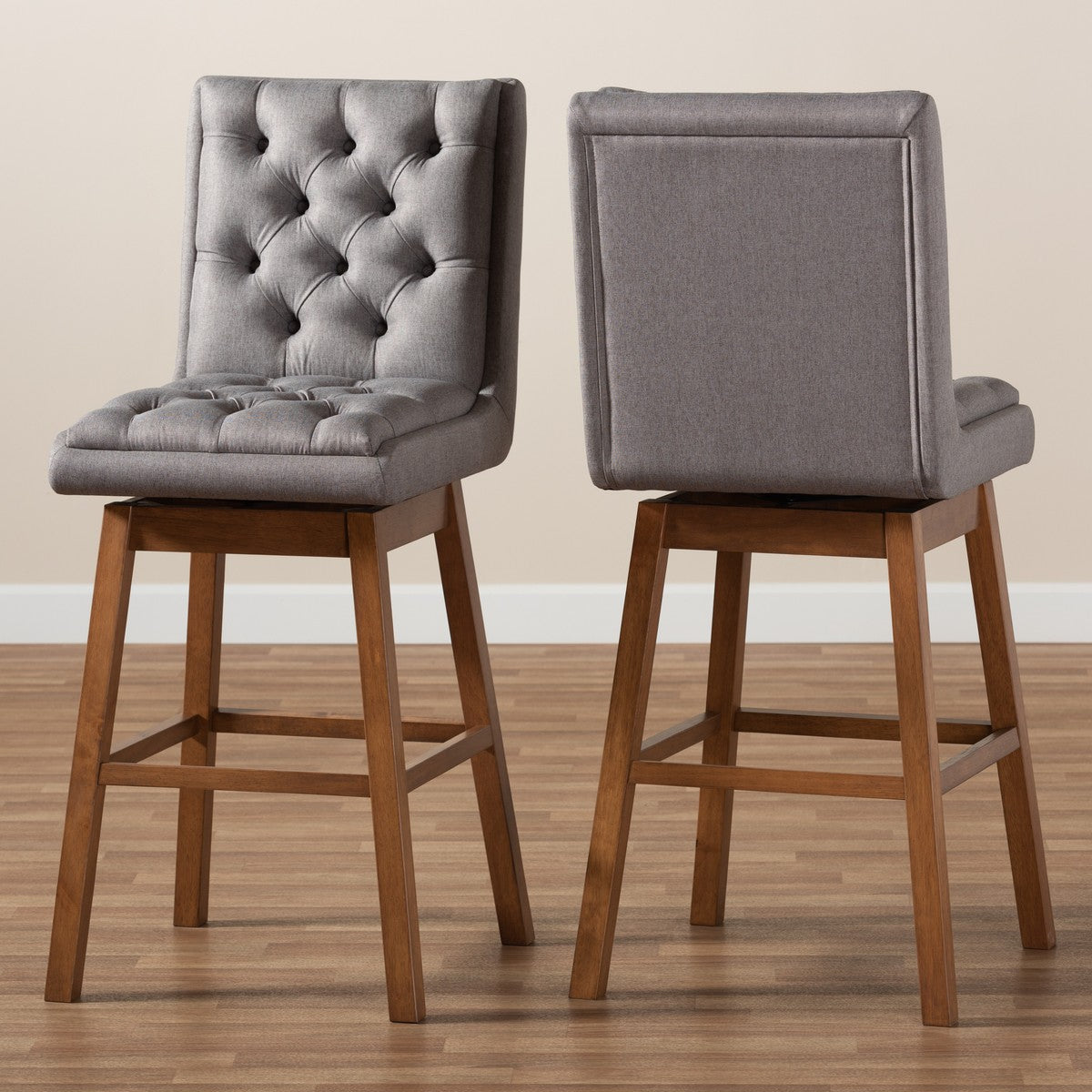 Baxton Studio Gregory Modern Transitional Grey Fabric Upholstered and Walnut Brown Finished Wood 2-Piece Swivel Bar Stool Set Set