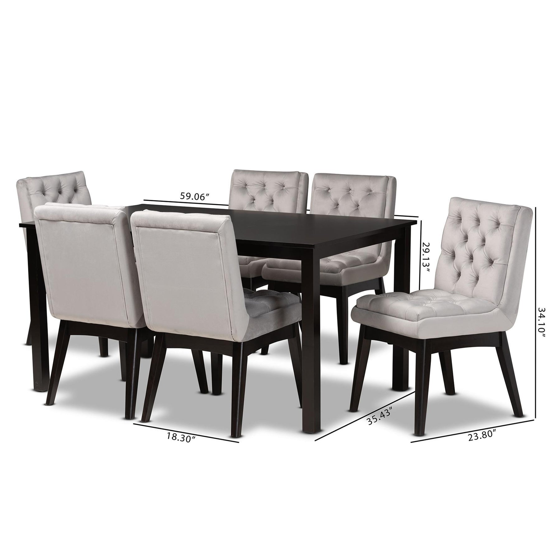 Baxton Studio Makar Modern Transitional Light Grey Velvet Fabric Upholstered And Dark Brown Finished Wood 7-Piece Dining Set - BBT5391-Light Grey Velvet/Wenge-7PC Dining Set