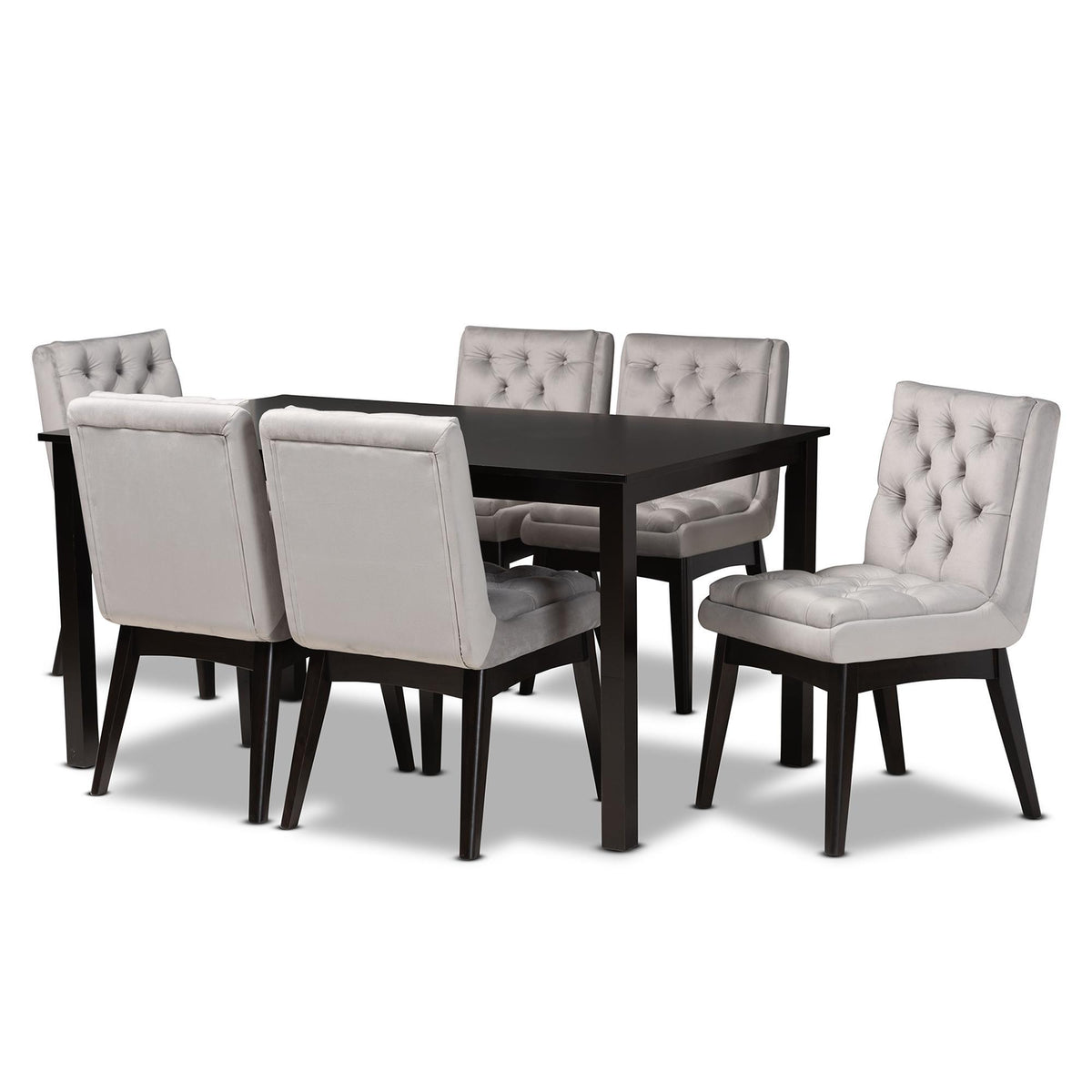 Baxton Studio Makar Modern Transitional Light Grey Velvet Fabric Upholstered And Dark Brown Finished Wood 7-Piece Dining Set - BBT5391-Light Grey Velvet/Wenge-7PC Dining Set