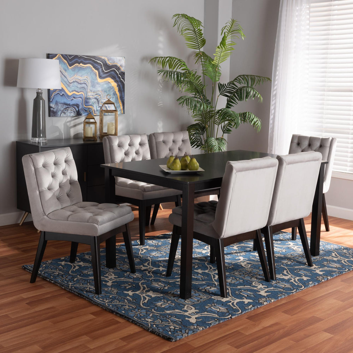 Baxton Studio Makar Modern Transitional Light Grey Velvet Fabric Upholstered And Dark Brown Finished Wood 7-Piece Dining Set - BBT5391-Light Grey Velvet/Wenge-7PC Dining Set