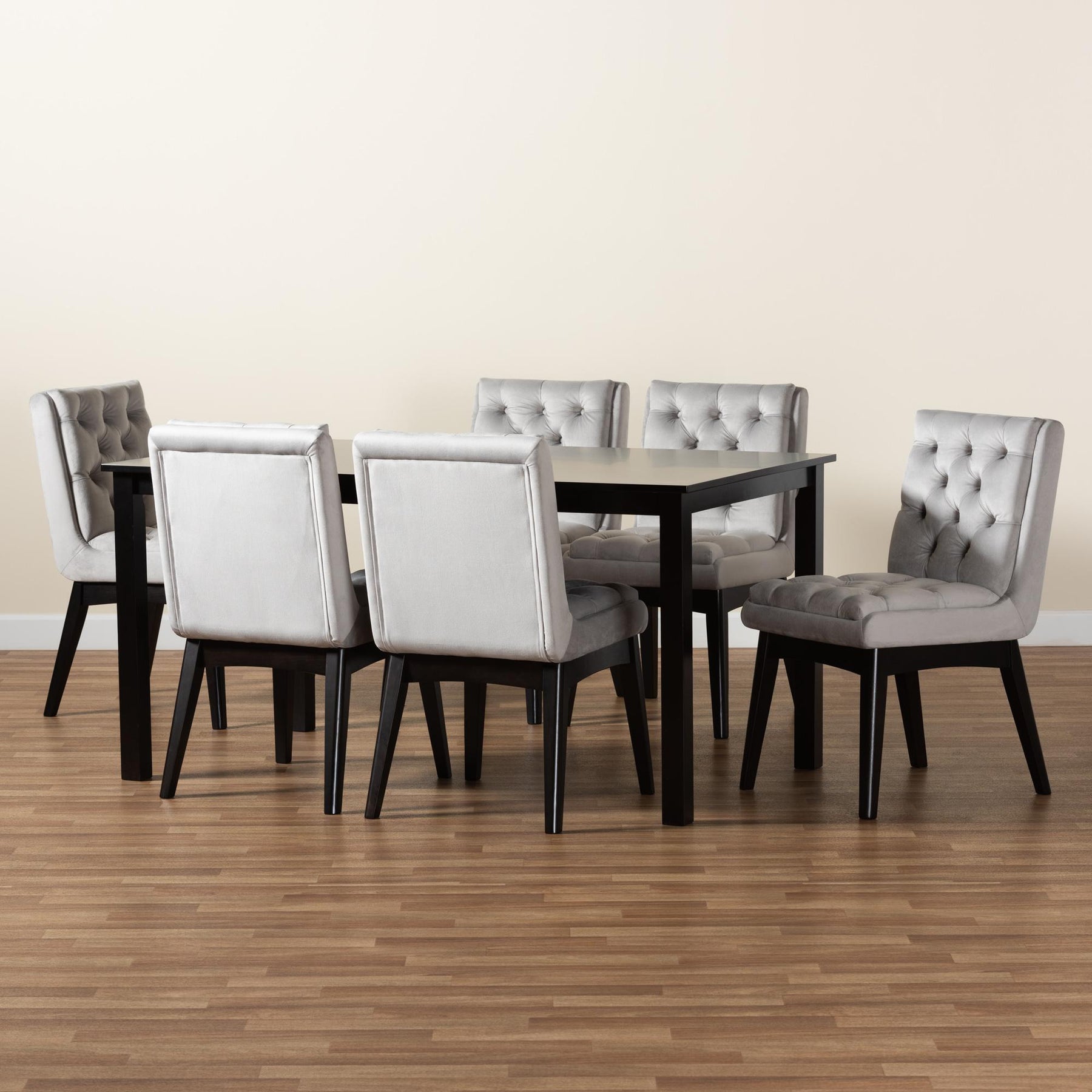 Baxton Studio Makar Modern Transitional Light Grey Velvet Fabric Upholstered And Dark Brown Finished Wood 7-Piece Dining Set - BBT5391-Light Grey Velvet/Wenge-7PC Dining Set