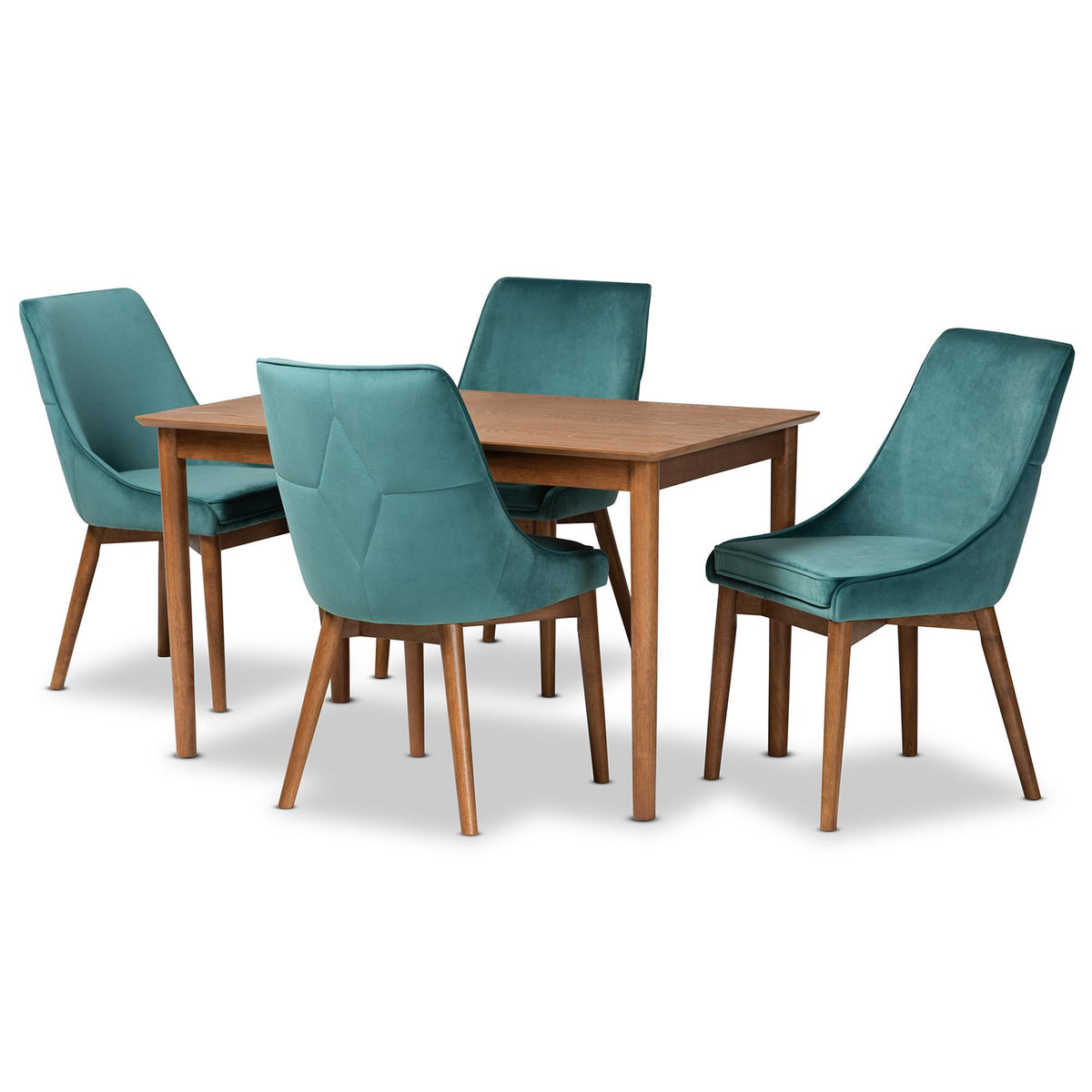 Baxton Studio Gilmore Modern And Contemporary Teal Velvet Fabric Upholstered And Walnut Brown Finished Wood 5-Piece Dining Set - BBT5381-Teal Velvet/Walnut-5PC Dining Set