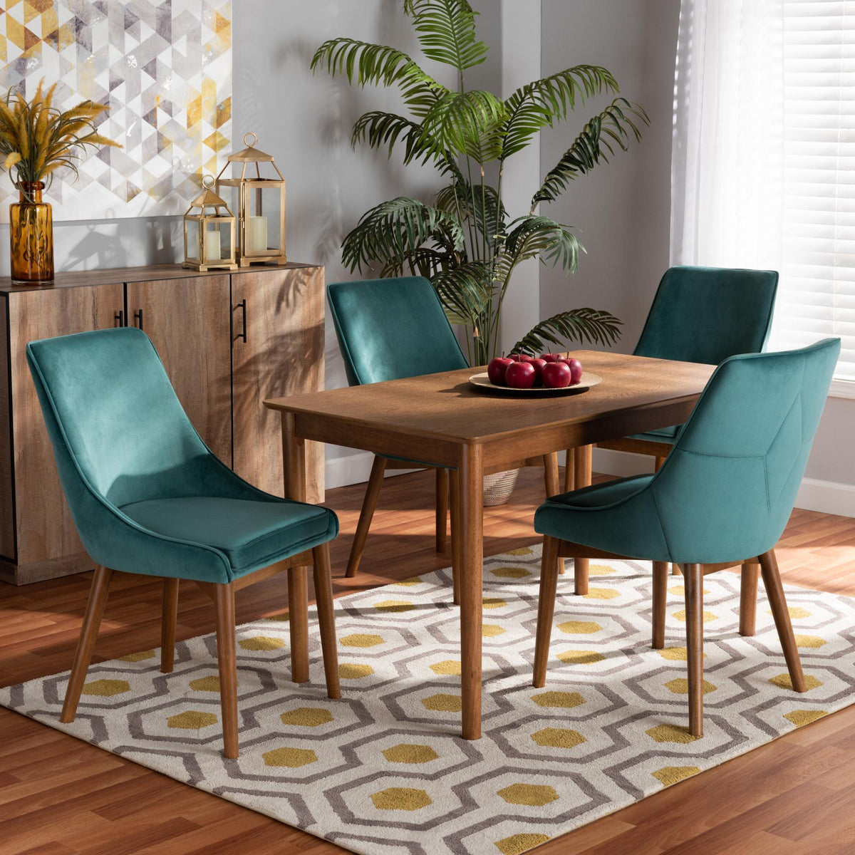 Baxton Studio Gilmore Modern And Contemporary Teal Velvet Fabric Upholstered And Walnut Brown Finished Wood 5-Piece Dining Set - BBT5381-Teal Velvet/Walnut-5PC Dining Set