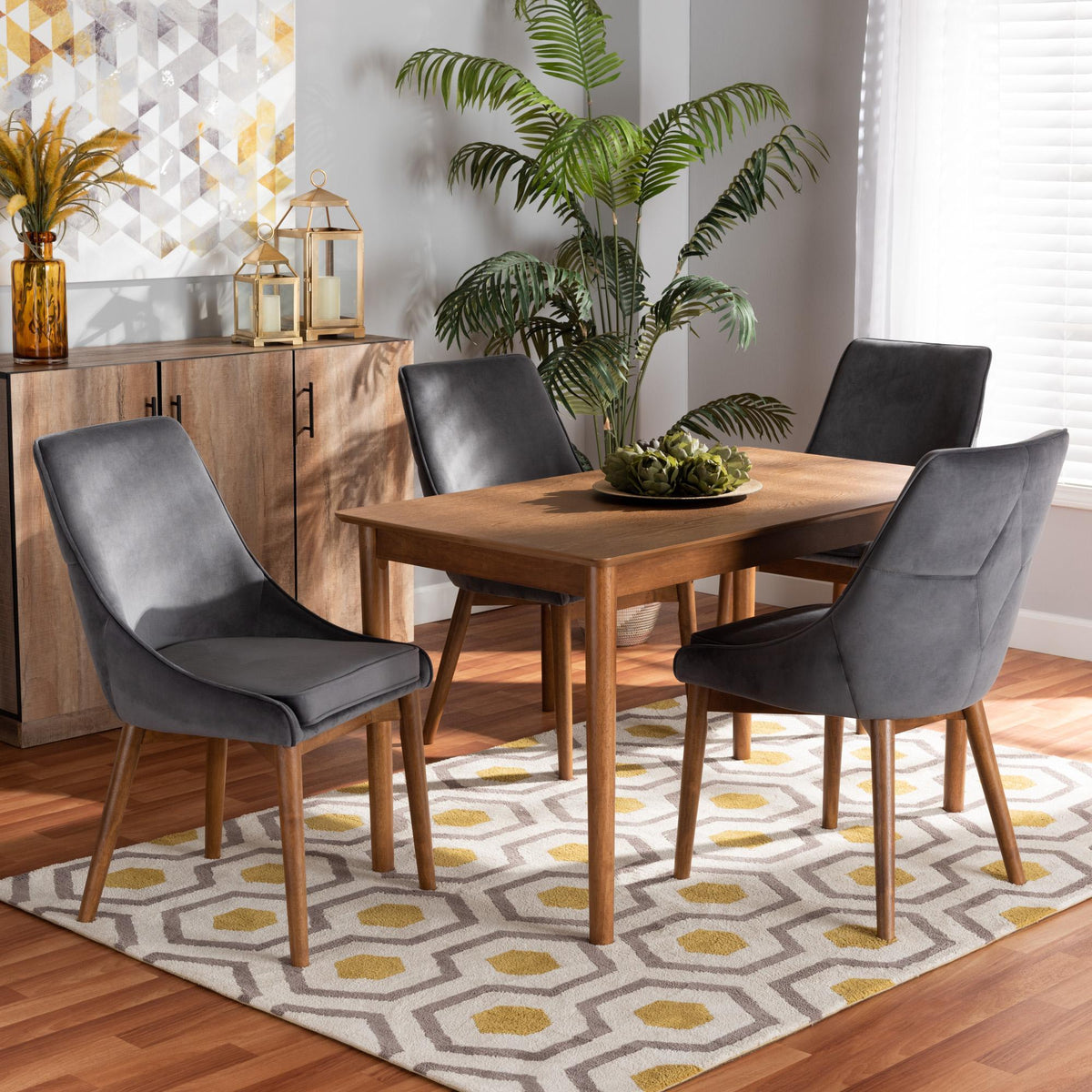 Baxton Studio Gilmore Modern And Contemporary Grey Velvet Fabric Upholstered And Walnut Brown Finished Wood 5-Piece Dining Set - BBT5381-Grey Velvet/Walnut-5PC Dining Set