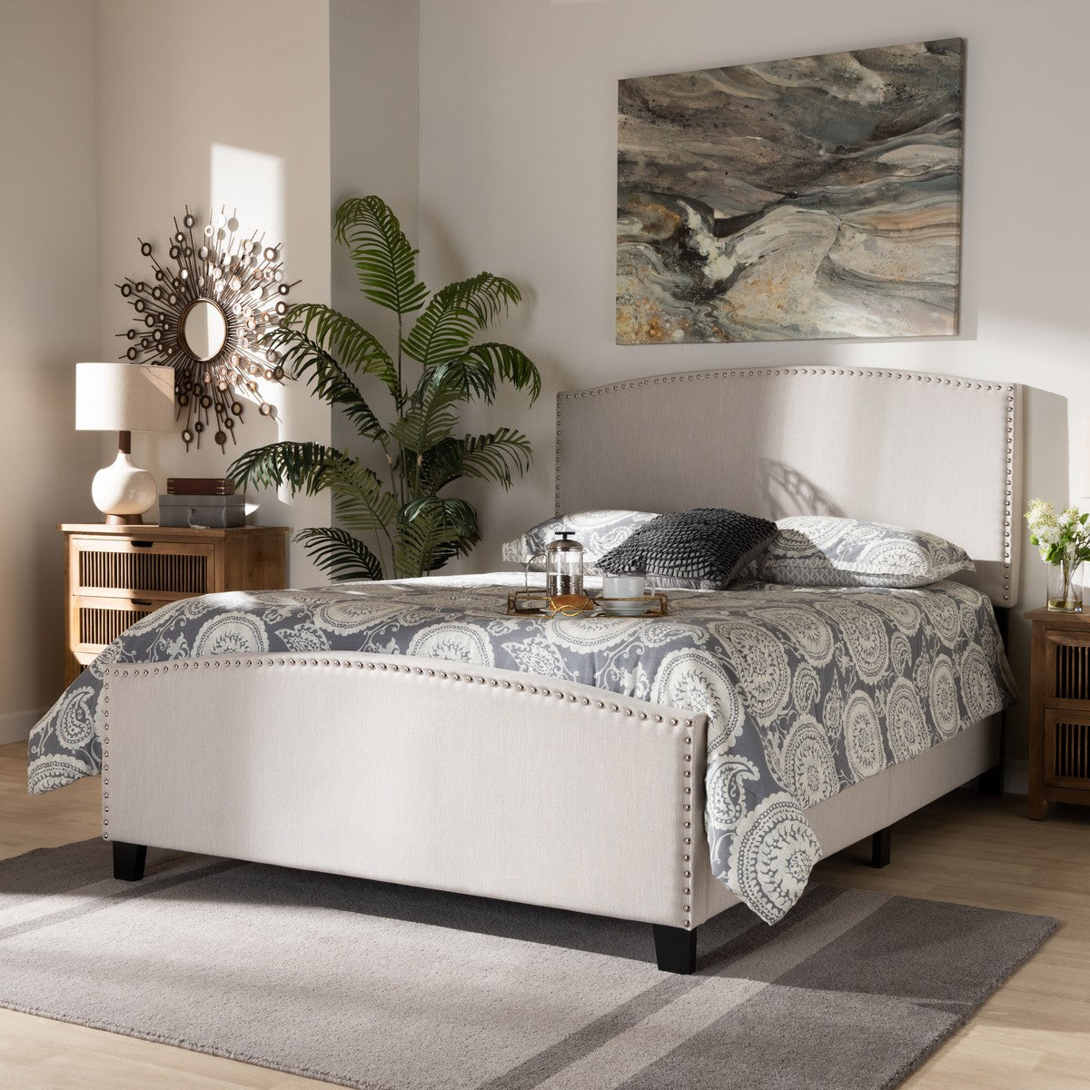 Baxton Studio Morgan Modern Transitional Beige Fabric Upholstered Full Size Panel Bed