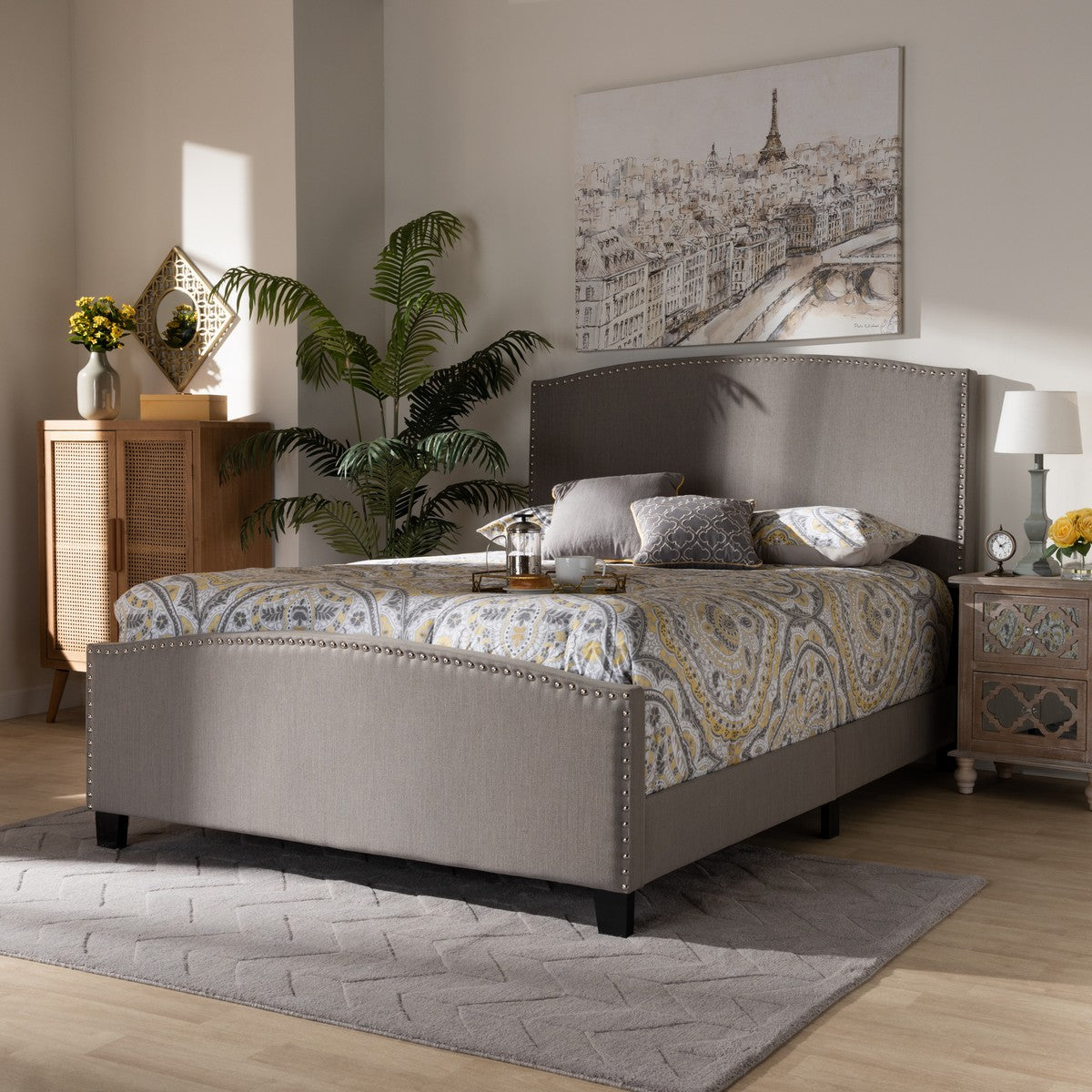 Baxton Studio Morgan Modern Transitional Grey Fabric Upholstered King Size Panel Bed