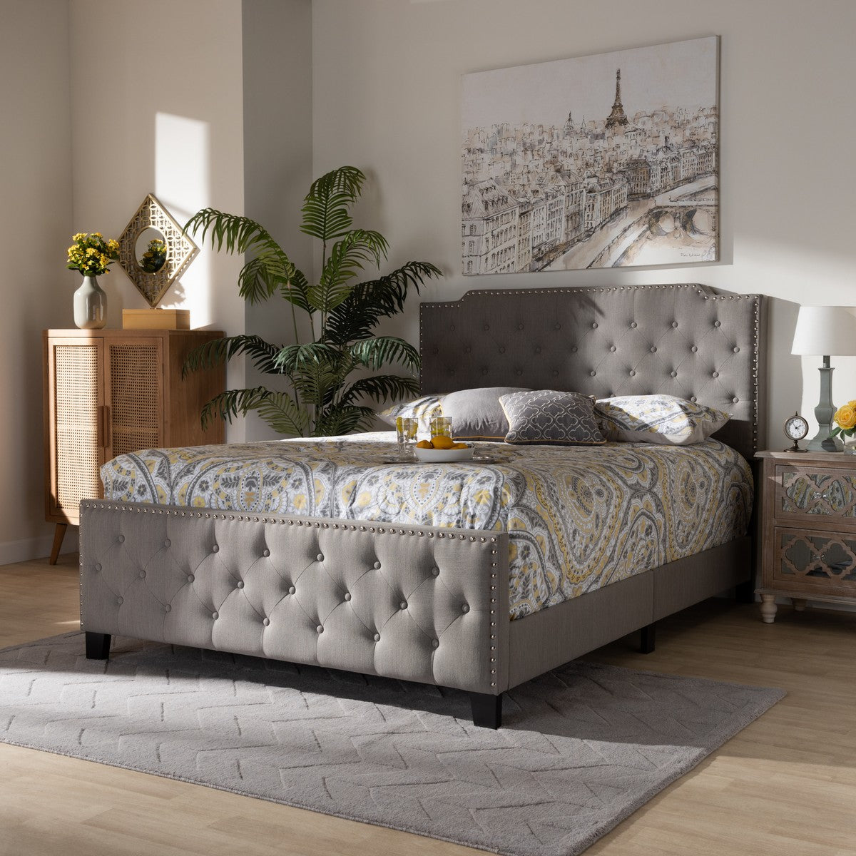 Baxton Studio Marion Modern Transitional Grey Fabric Upholstered Button Tufted Full Size Panel Bed