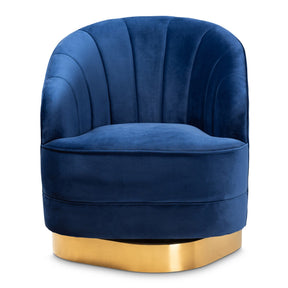 Baxton Studio Fiore Glam and Luxe Royal Blue Velvet Fabric Upholstered Brushed Gold Finished Swivel Accent Chair