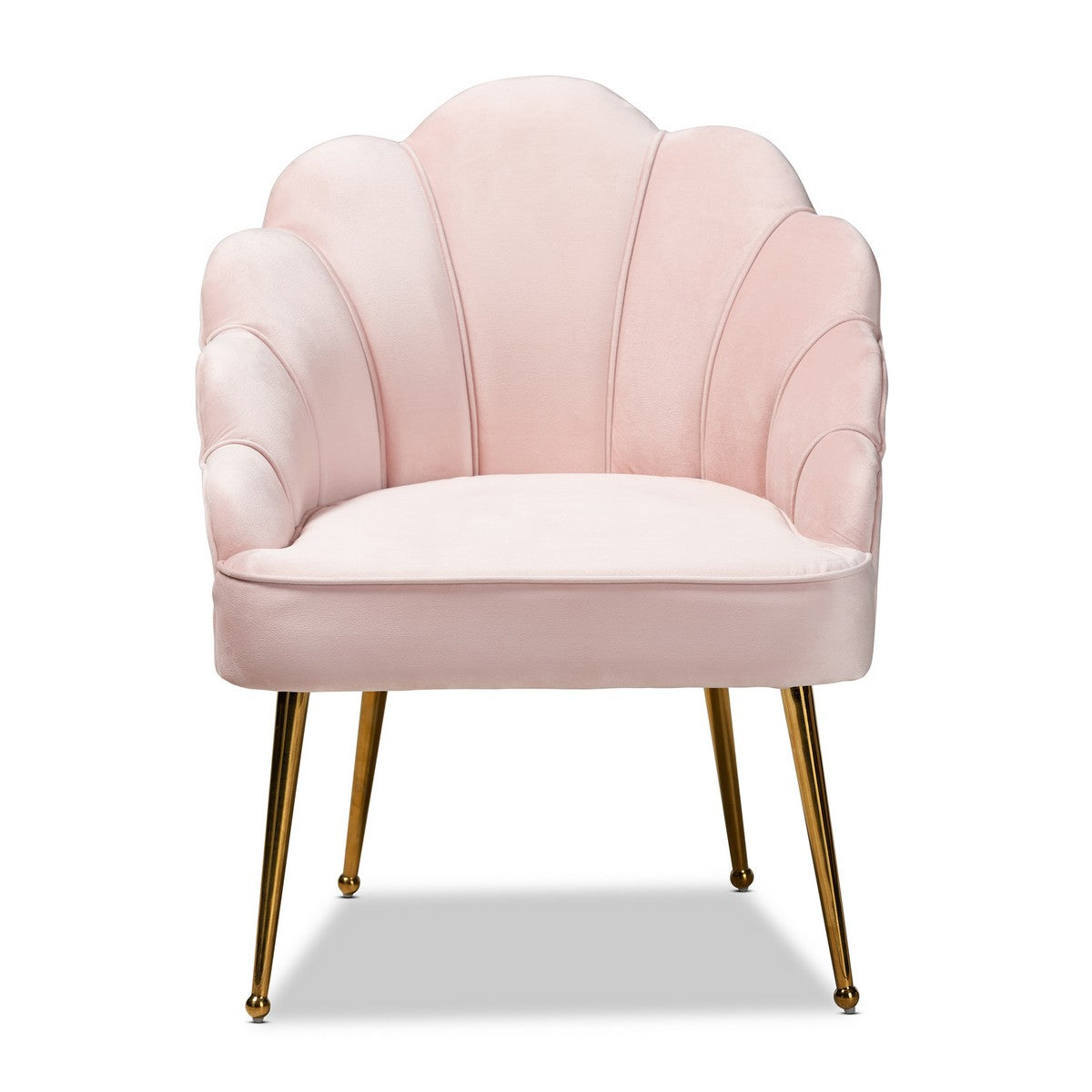 Baxton Studio Cinzia Glam and Luxe Light Pink Velvet Fabric Upholstered Gold Finished Seashell Shaped Accent Chair