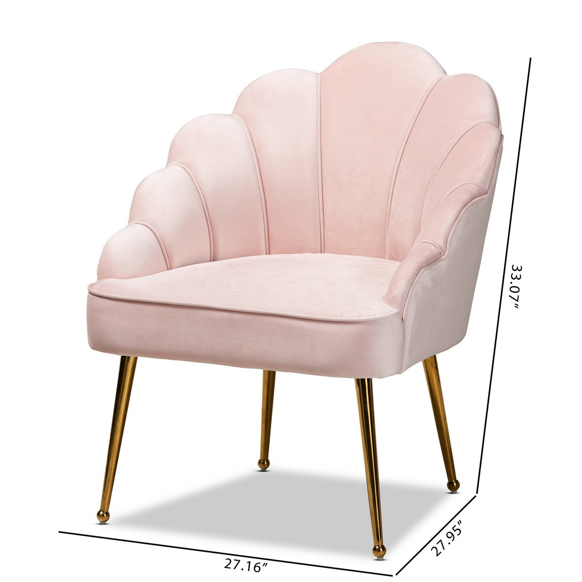 Baxton Studio Cinzia Glam and Luxe Light Pink Velvet Fabric Upholstered Gold Finished Seashell Shaped Accent Chair