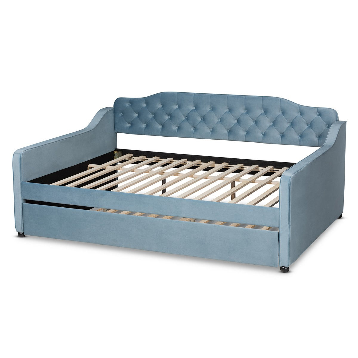 Baxton Studio Freda Transitional and Contemporary Light Blue Velvet Fabric Upholstered and Button Tufted Full Size Daybed with Trundle