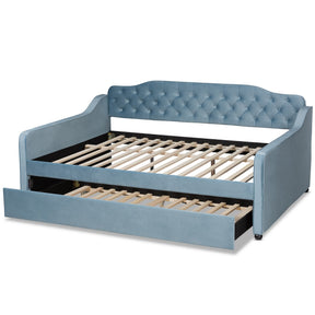 Baxton Studio Freda Transitional and Contemporary Light Blue Velvet Fabric Upholstered and Button Tufted Full Size Daybed with Trundle