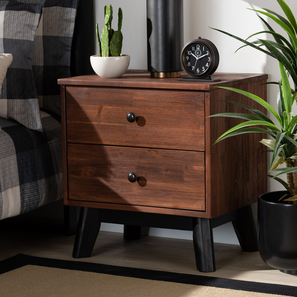 Baxton Studio Calla Modern and Contemporary Brown and Black Oak Finished 2-Drawer Wood Nightstand