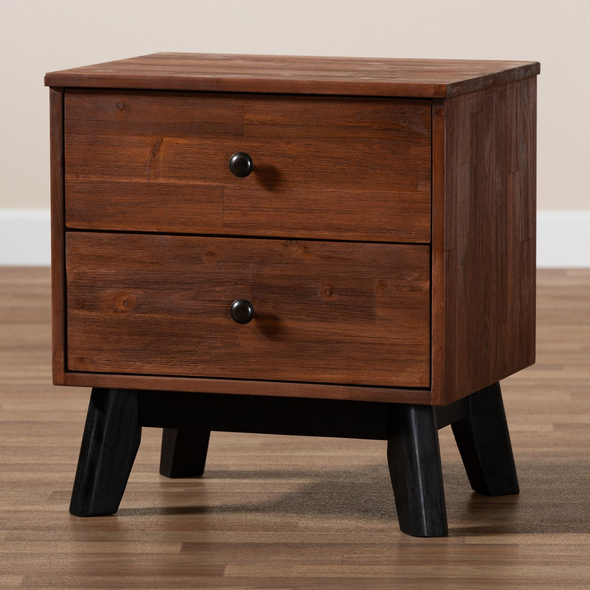 Baxton Studio Calla Modern and Contemporary Brown and Black Oak Finished 2-Drawer Wood Nightstand