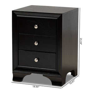 Baxton Studio Gordon Classic and Traditional Black Finished 3-Drawer Wood Nightstand