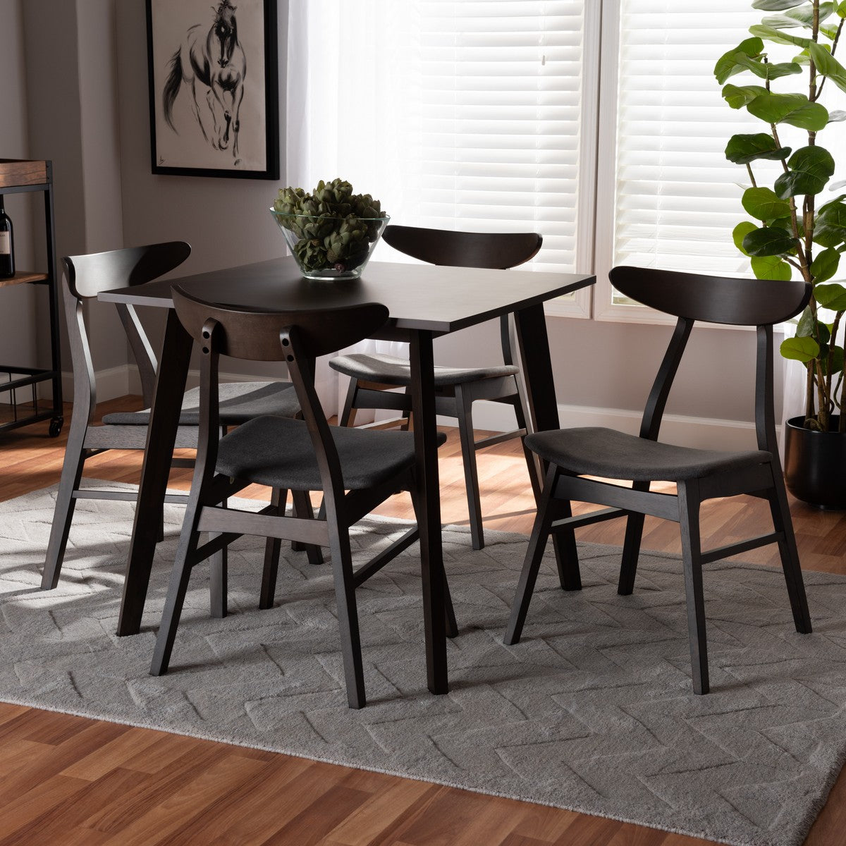 Baxton Studio Britte Mid-Century Modern Dark Grey Fabric Upholstered Dark Oak Brown Finished 5-Piece Wood Dining Set