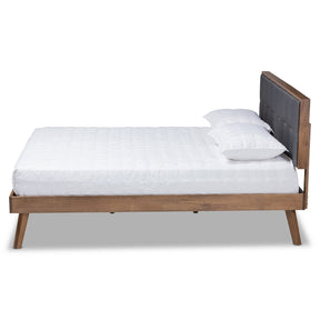 Baxton Studio Alke Mid-Century Modern Dark Grey Fabric Upholstered Walnut Brown Finished Wood Queen Size Platform Bed