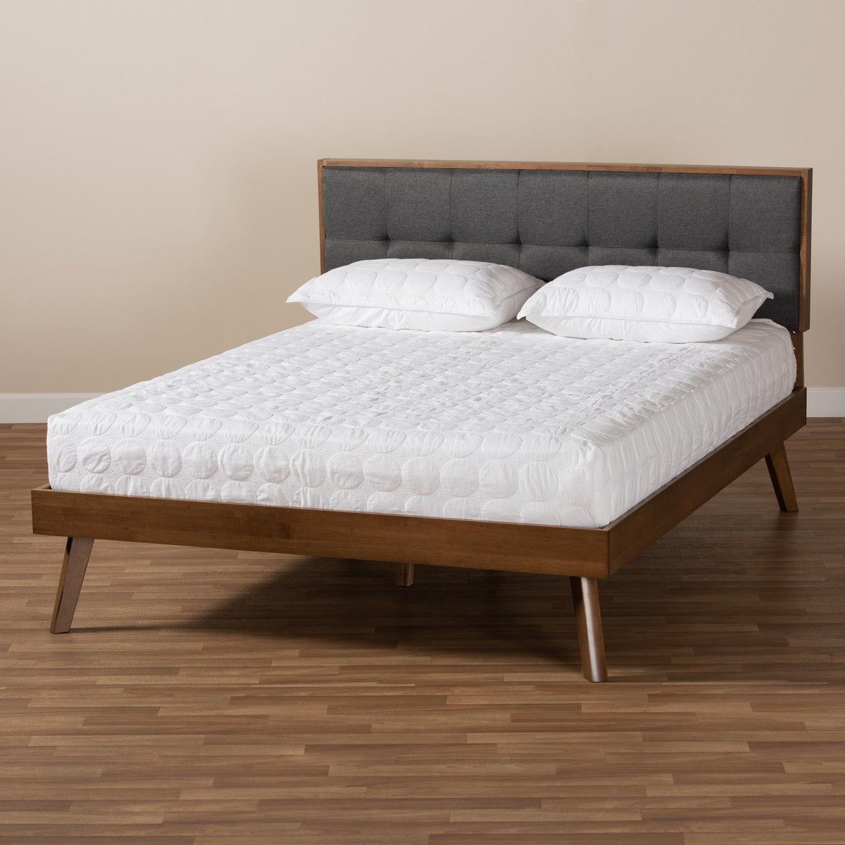 Baxton Studio Alke Mid-Century Modern Dark Grey Fabric Upholstered Walnut Brown Finished Wood Queen Size Platform Bed