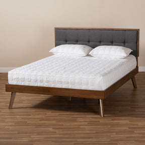 Baxton Studio Alke Mid-Century Modern Dark Grey Fabric Upholstered Walnut Brown Finished Wood Queen Size Platform Bed