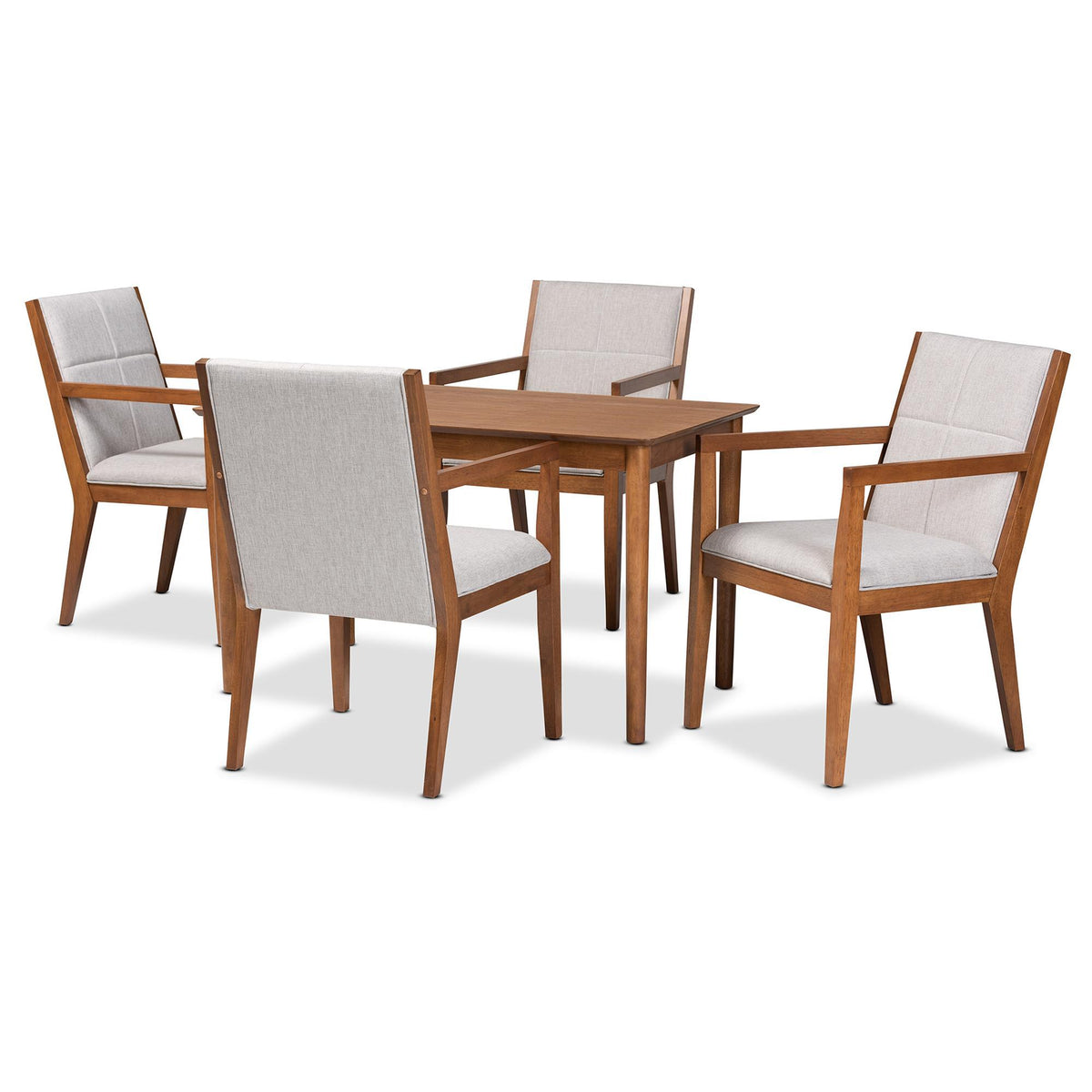 Baxton Studio Theresa Mid-Century Modern Greyish Beige Fabric Upholstered And Walnut Brown Finished Wood 5-Piece Dining Set - BBT5390-Greyish Beige/Walnut-5PC Dining Set