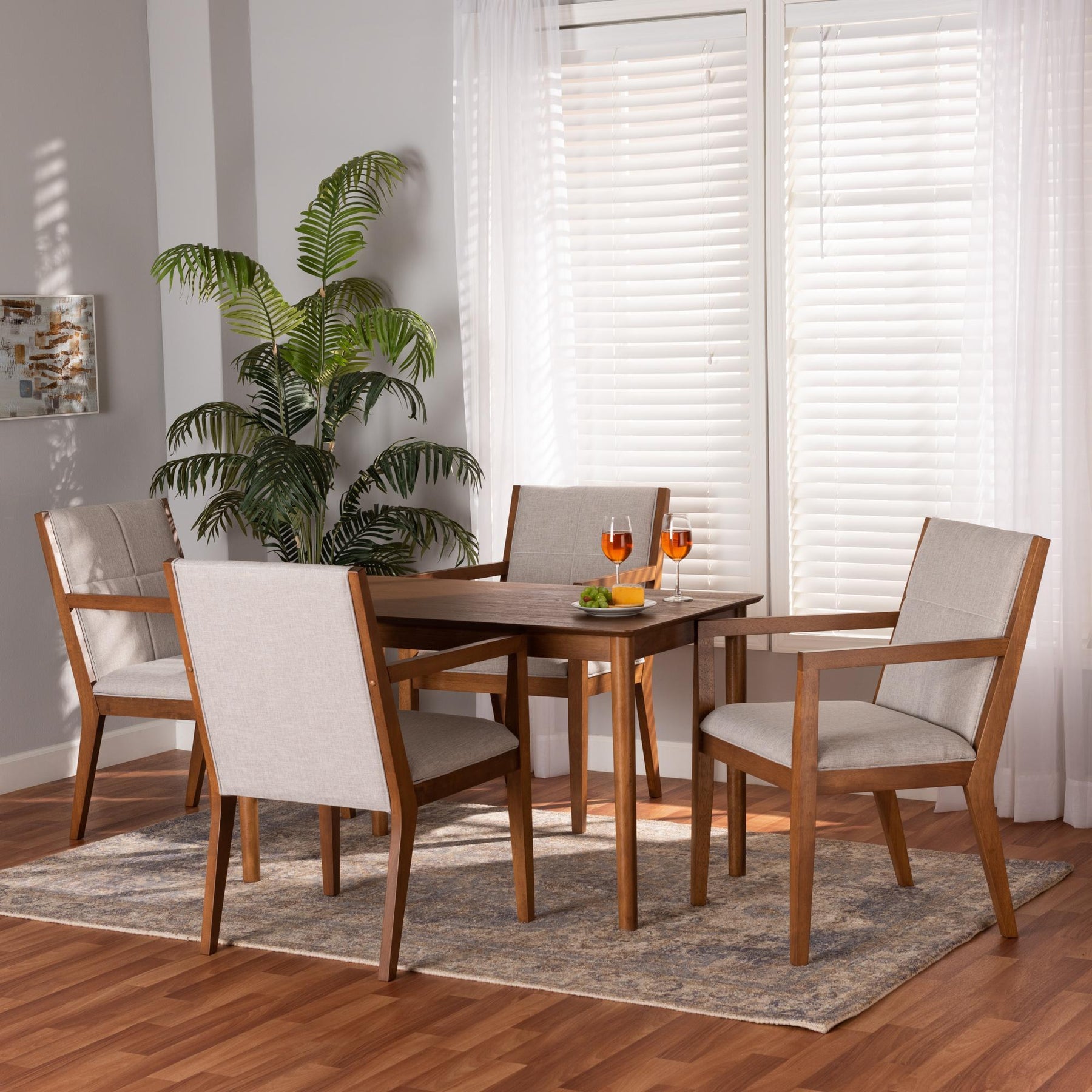 Baxton Studio Theresa Mid-Century Modern Greyish Beige Fabric Upholstered And Walnut Brown Finished Wood 5-Piece Dining Set - BBT5390-Greyish Beige/Walnut-5PC Dining Set