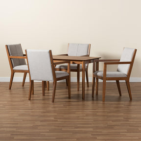 Baxton Studio Theresa Mid-Century Modern Greyish Beige Fabric Upholstered And Walnut Brown Finished Wood 5-Piece Dining Set - BBT5390-Greyish Beige/Walnut-5PC Dining Set