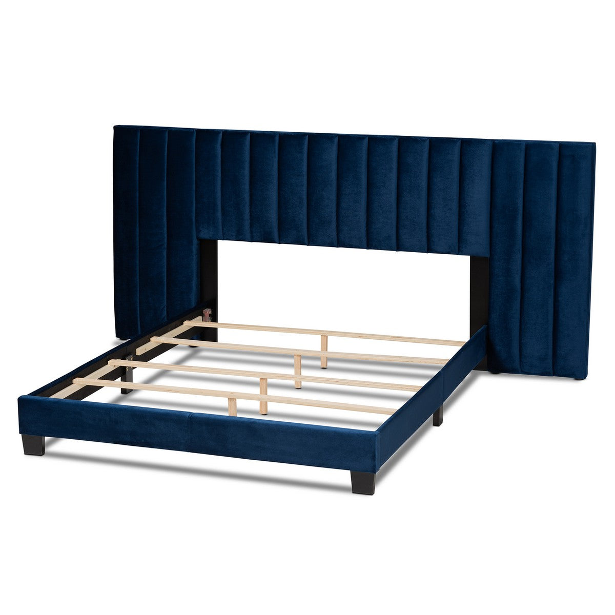 Baxton Studio Fiorenza Glam and Luxe Navy Blue Velvet Fabric Upholstered King Size Panel Bed with Extra Wide Channel Tufted Headboard