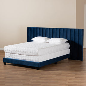 Baxton Studio Fiorenza Glam and Luxe Navy Blue Velvet Fabric Upholstered King Size Panel Bed with Extra Wide Channel Tufted Headboard