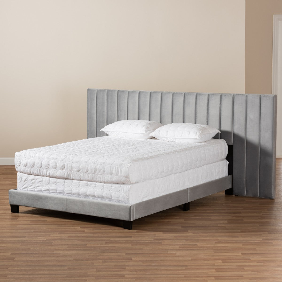 Baxton Studio Fiorenza Glam and Luxe Grey Velvet Fabric Upholstered King Size Panel Bed with Extra Wide Channel Tufted Headboard