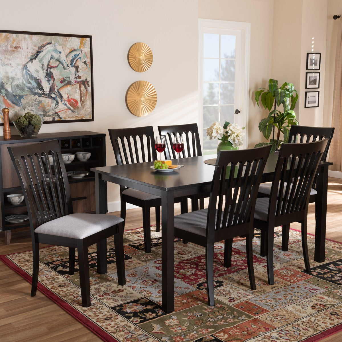 Baxton Studio Minette Modern and Contemporary Gray Fabric Upholstered and Espresso Brown Finished Wood 7-Piece Dining Set