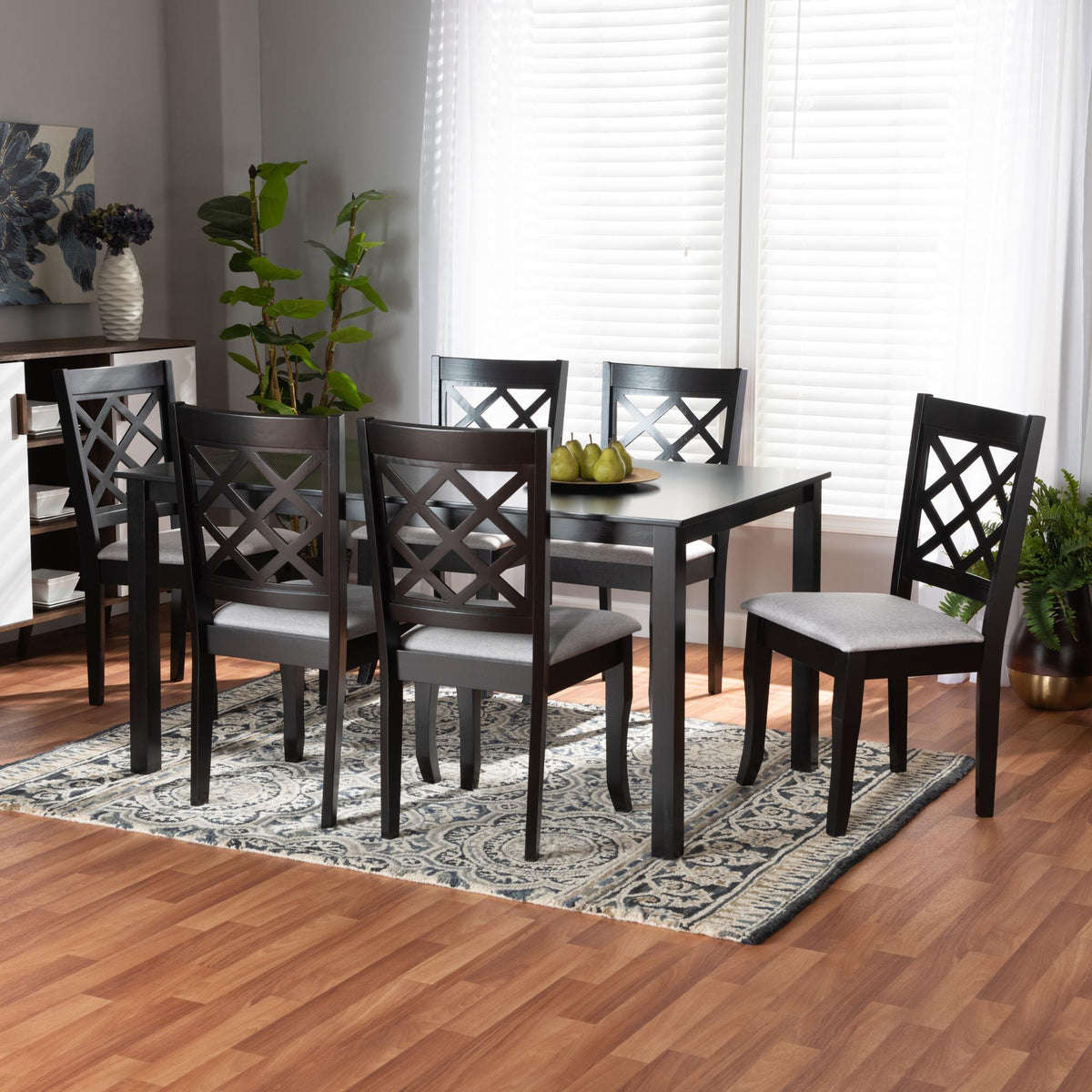 Baxton Studio Verner Modern And Contemporary Grey Fabric Upholstered And Dark Brown Finished Wood  7-Piece Dining Set - RH330C-Grey/Dark Brown-7PC Dining Set