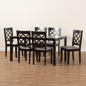 Baxton Studio Verner Modern And Contemporary Grey Fabric Upholstered And Dark Brown Finished Wood  7-Piece Dining Set - RH330C-Grey/Dark Brown-7PC Dining Set