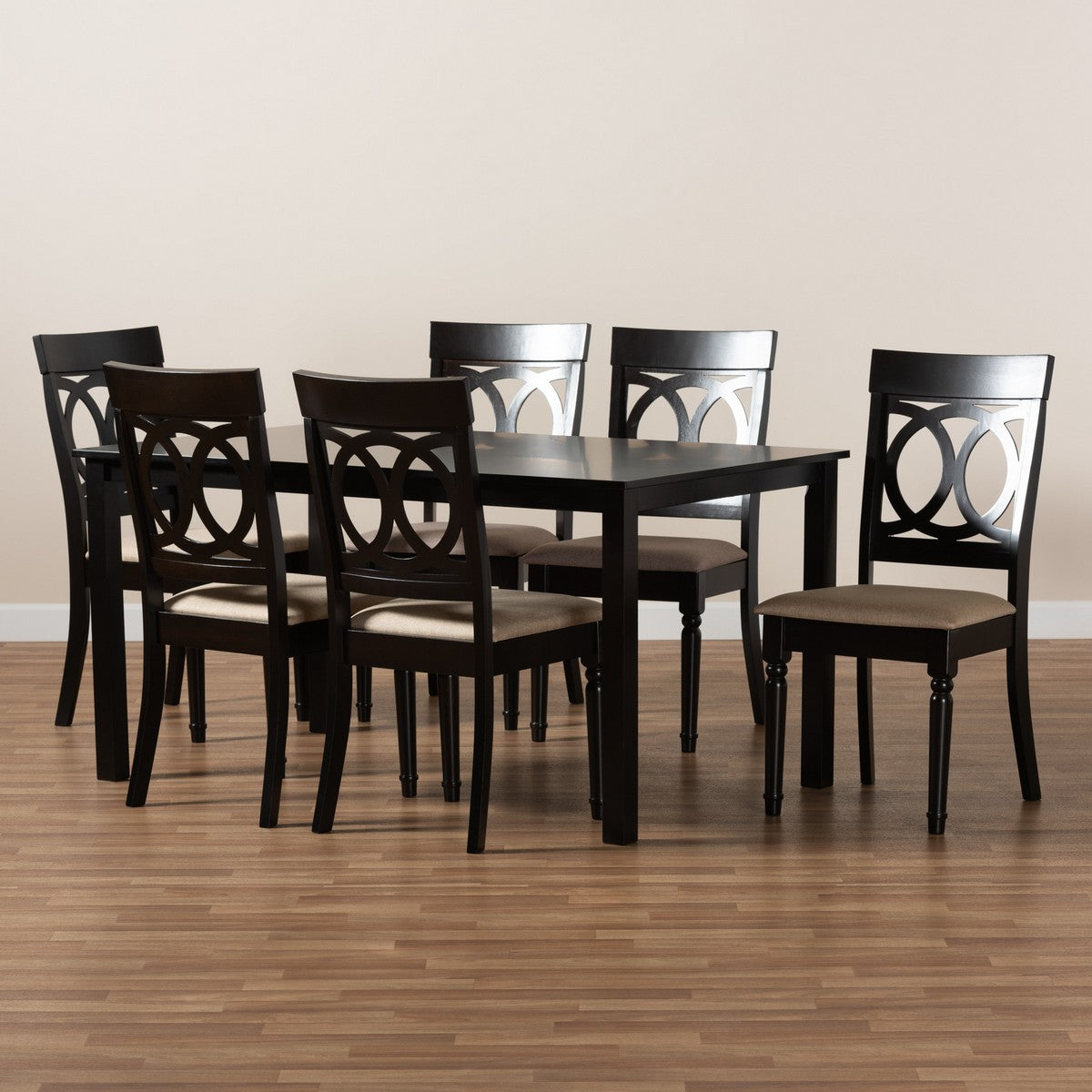 Baxton Studio Lucie Modern and Contemporary Sand Fabric Upholstered and Dark Brown Finished Wood 7-Piece Dining Set