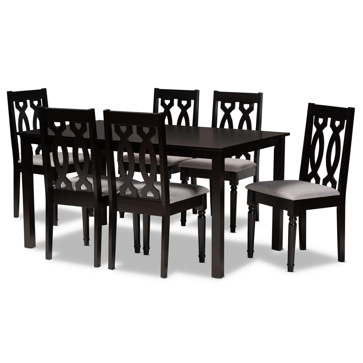 Baxton Studio Cherese Modern And Contemporary Grey Fabric Upholstered And Dark Brown Finished Wood 7-Piece Dining Set - RH334C-Grey/Dark Brown-7PC Dining Set