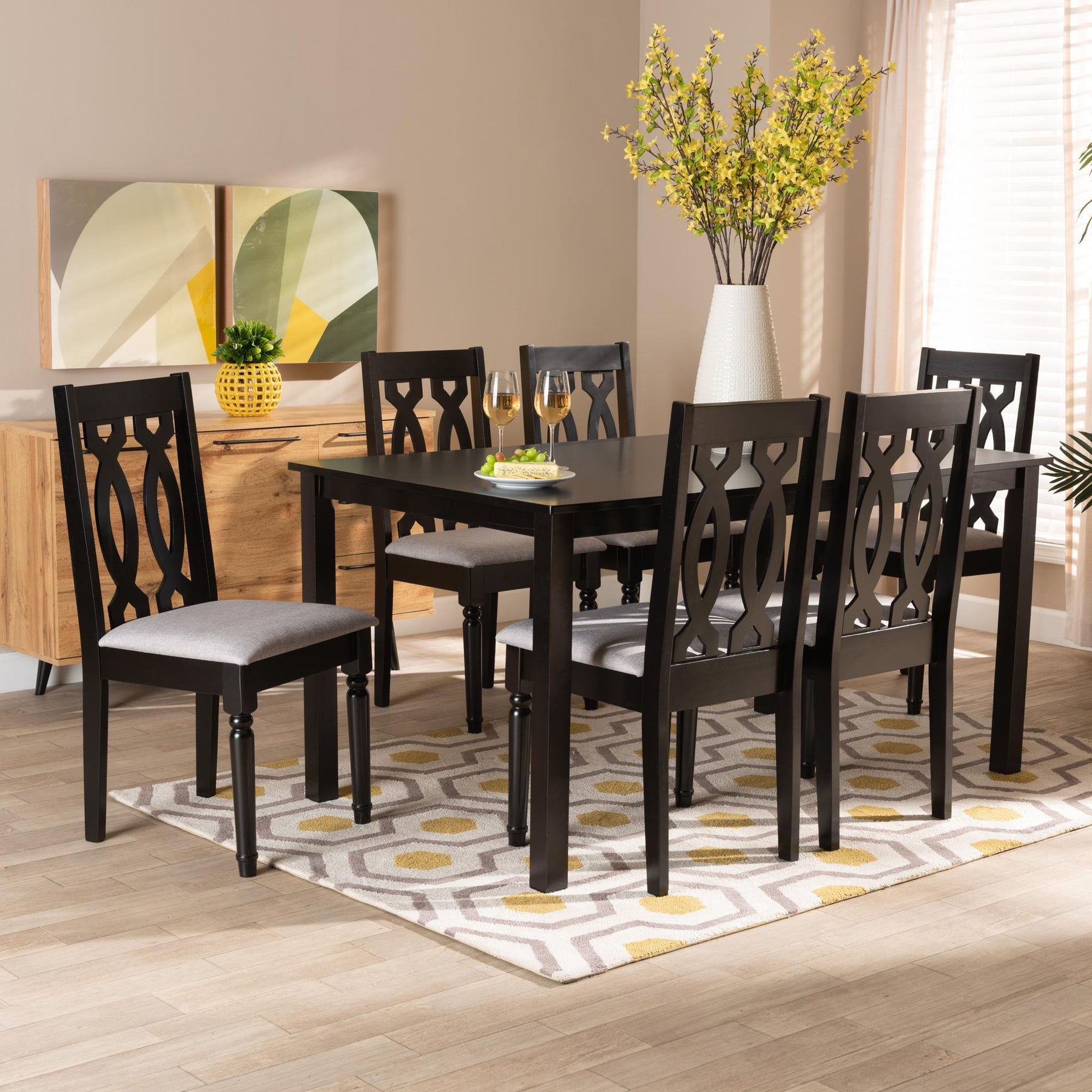 Baxton Studio Cherese Modern And Contemporary Grey Fabric Upholstered And Dark Brown Finished Wood 7-Piece Dining Set - RH334C-Grey/Dark Brown-7PC Dining Set