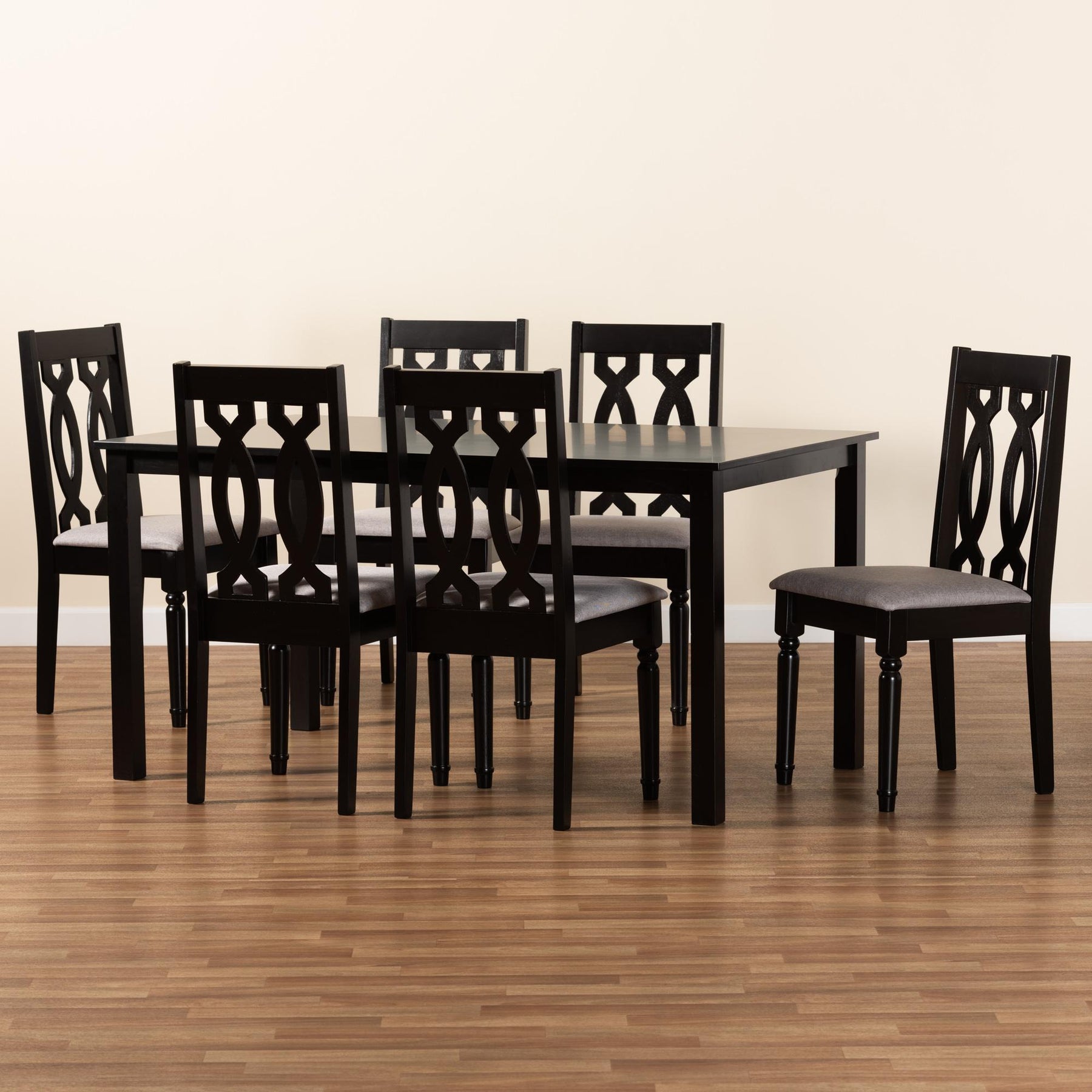 Baxton Studio Cherese Modern And Contemporary Grey Fabric Upholstered And Dark Brown Finished Wood 7-Piece Dining Set - RH334C-Grey/Dark Brown-7PC Dining Set