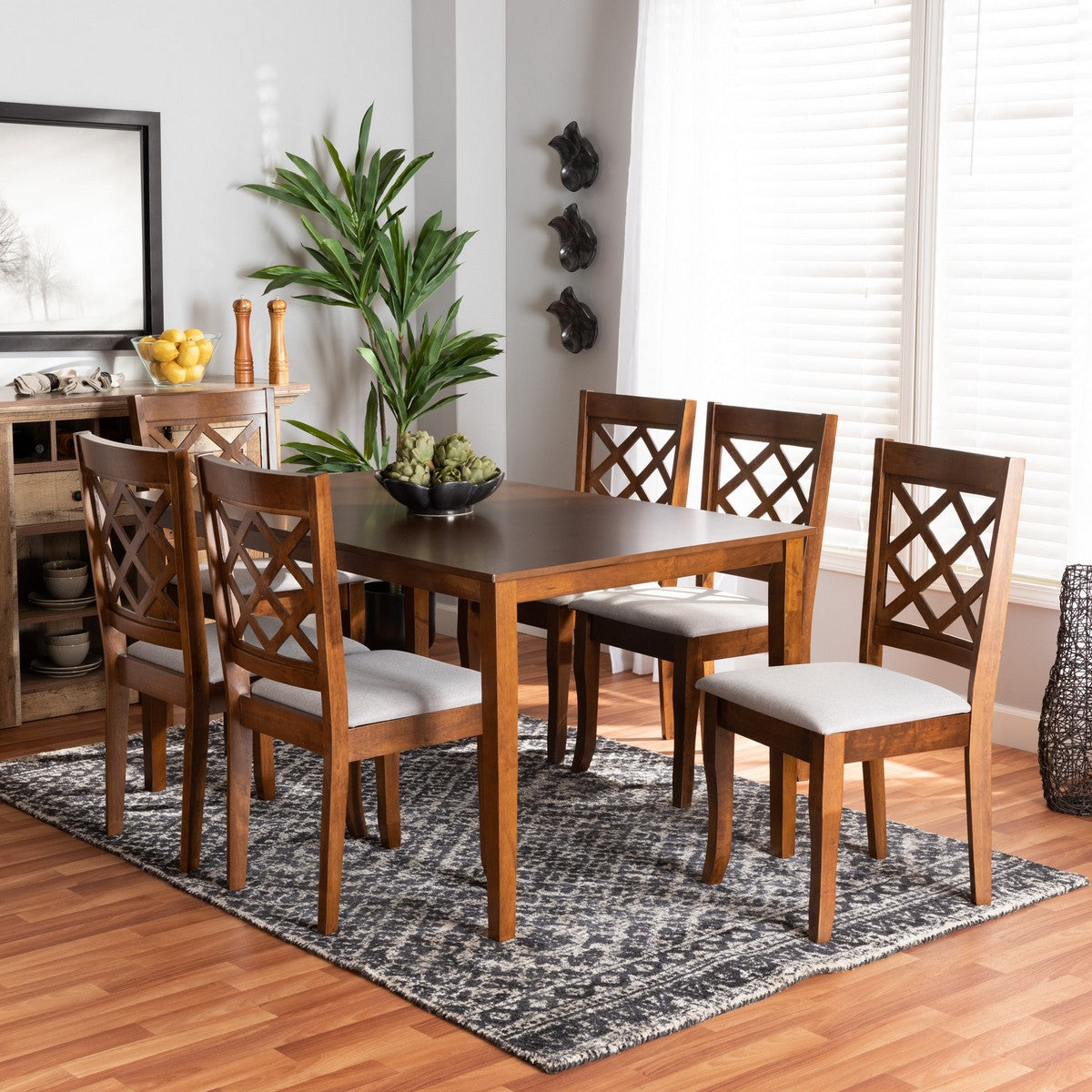 Baxton Studio Verner Modern and Contemporary Grey Fabric Upholstered and Walnut Brown Finished Wood 7-Piece Dining Set