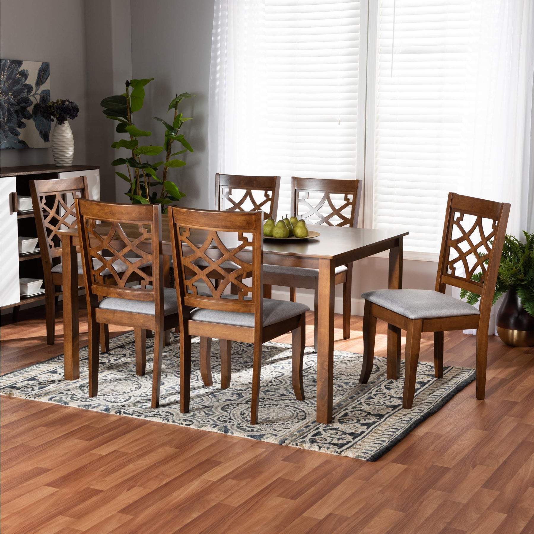 Baxton Studio Mael Modern And Contemporary Grey Fabric Upholstered And Walnut Brown Finished Wood 7-Piece Dining Set - RH331C-Grey/Walnut-7PC Dining Set