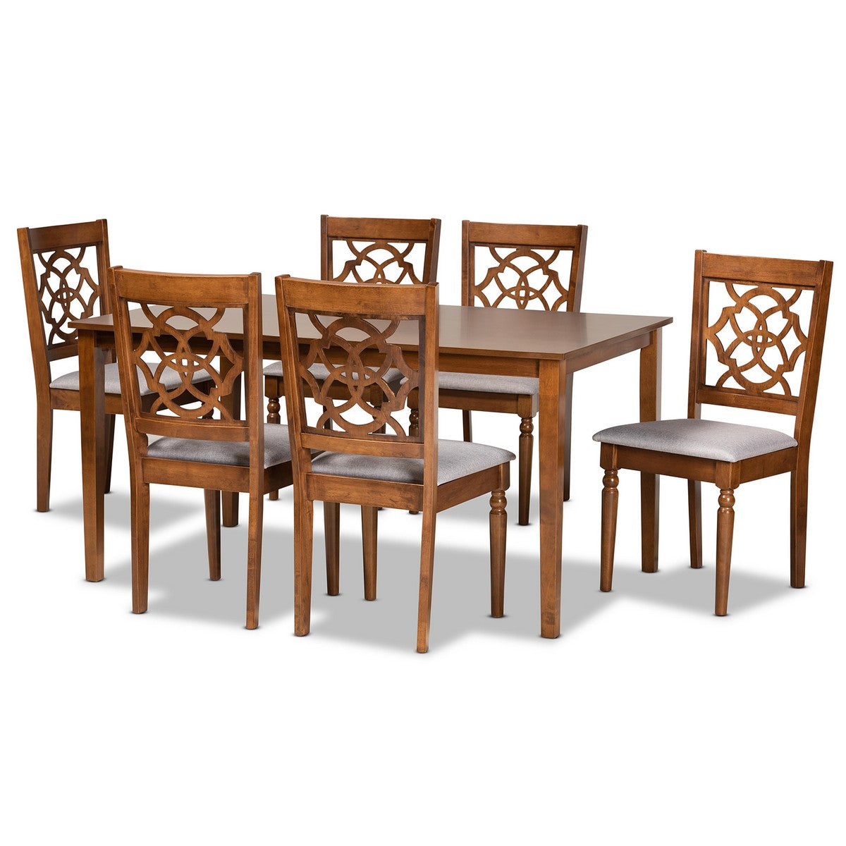 Baxton Studio Renaud Modern and Contemporary Grey Fabric Upholstered and Walnut Brown Finished Wood 7-Piece Dining Set Baxton Studio-Dining Sets-Minimal And Modern - 1