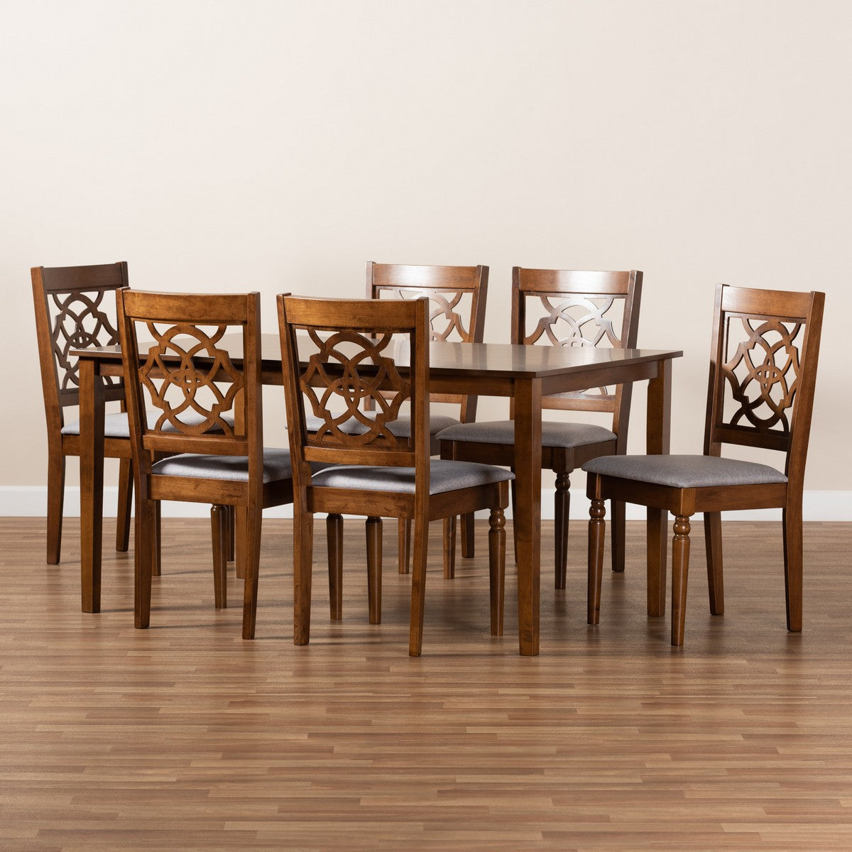 Baxton Studio Renaud Modern and Contemporary Grey Fabric Upholstered and Walnut Brown Finished Wood 7-Piece Dining Set