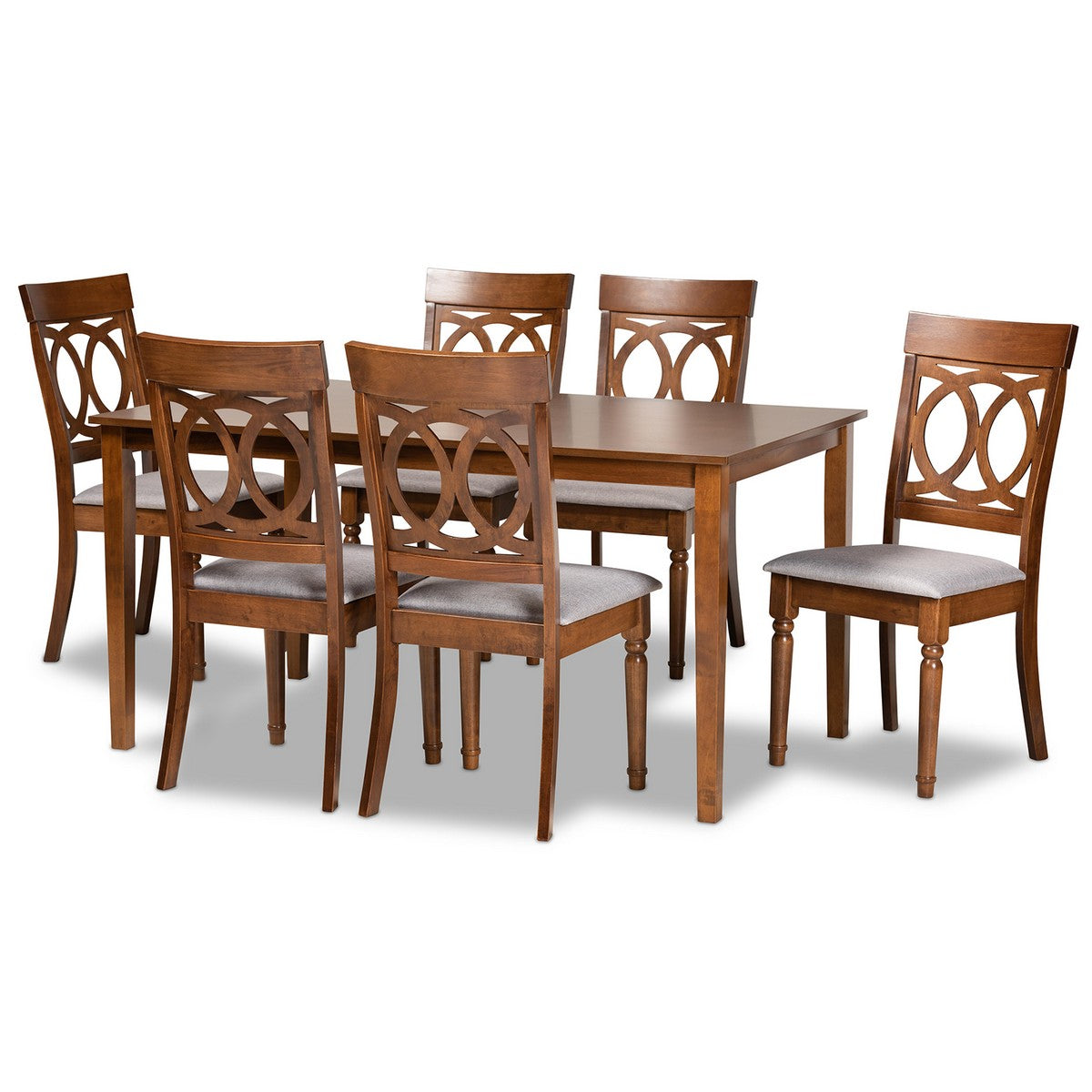 Baxton Studio Lucie Modern and Contemporary Grey Fabric Upholstered and Walnut Brown Finished Wood 7-Piece Dining Set Baxton Studio-Dining Sets-Minimal And Modern - 1