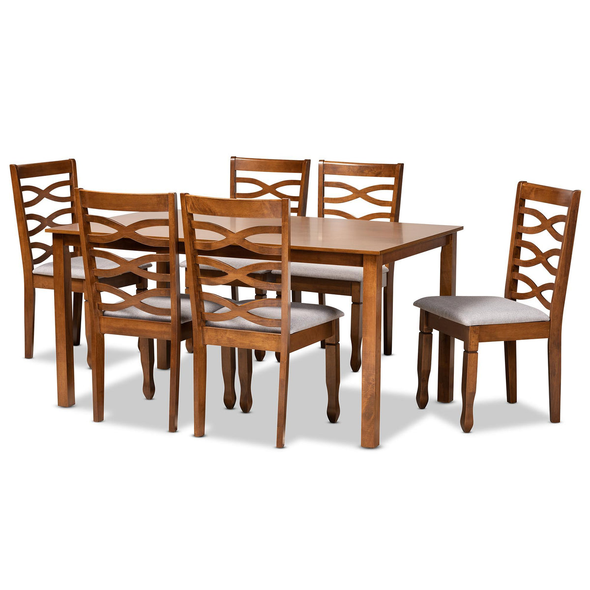 Baxton Studio Lanier Modern And Contemporary Grey Fabric Upholstered And Walnut Brown Finished Wood 7-Piece Dining Set - RH318C-Grey/Walnut-7PC Dining Set