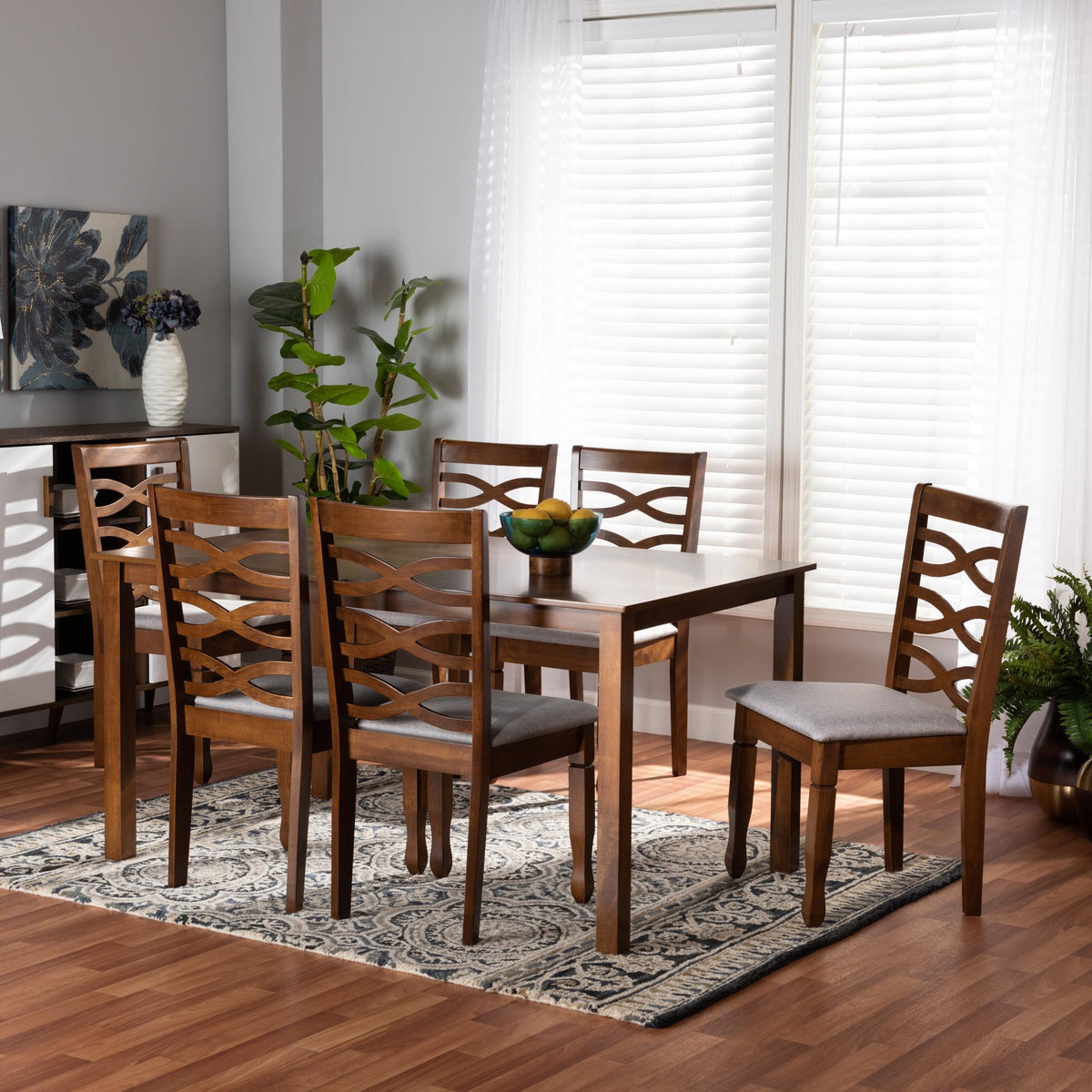 Baxton Studio Lanier Modern And Contemporary Grey Fabric Upholstered And Walnut Brown Finished Wood 7-Piece Dining Set - RH318C-Grey/Walnut-7PC Dining Set