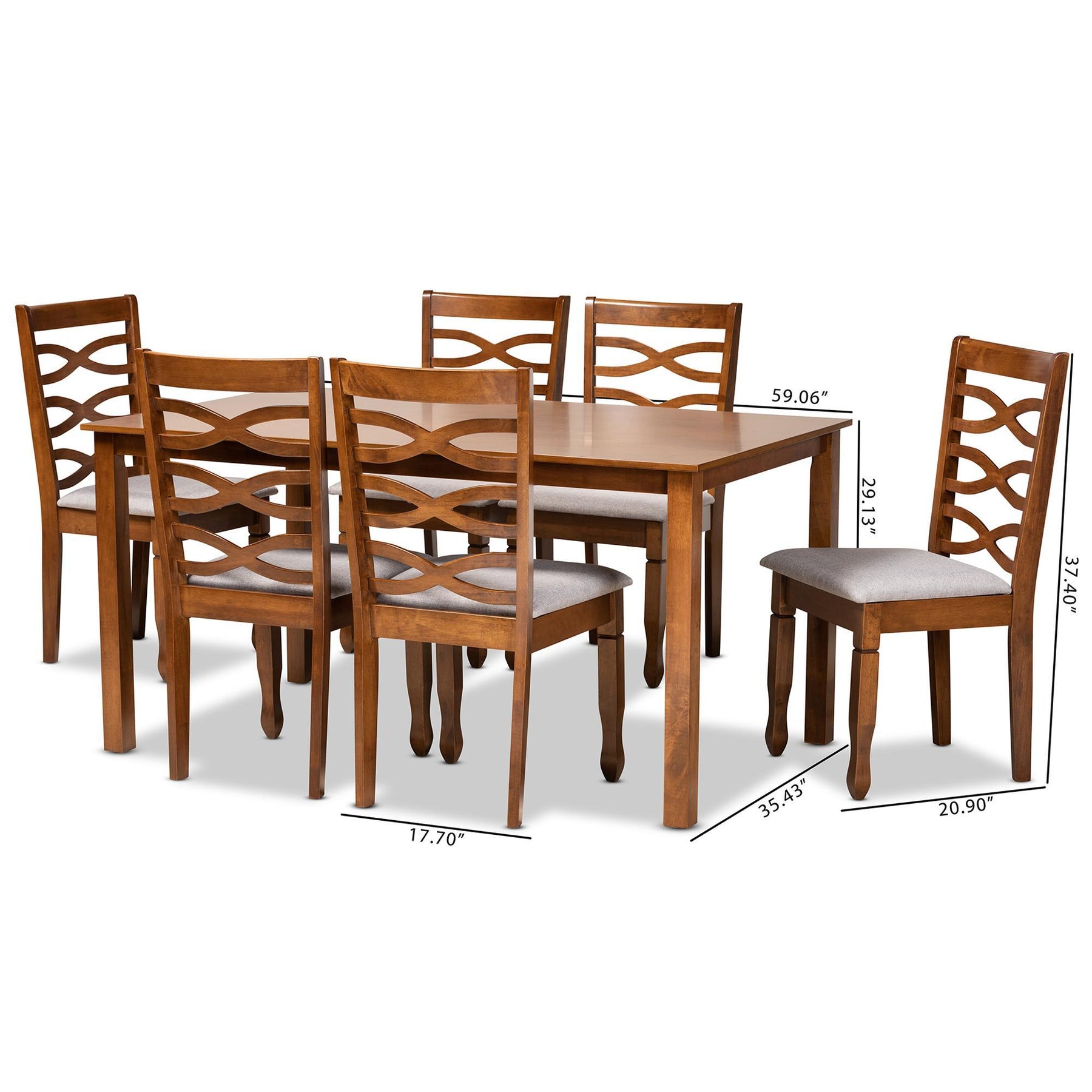 Baxton Studio Lanier Modern And Contemporary Grey Fabric Upholstered And Walnut Brown Finished Wood 7-Piece Dining Set - RH318C-Grey/Walnut-7PC Dining Set